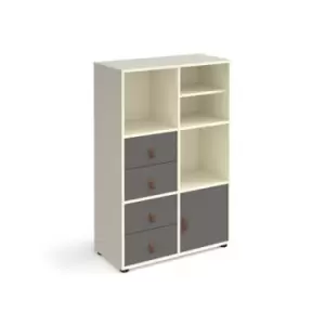 Image of Universal cube storage unit 1295mm high on glides with matching shelf, cupboard and 2 sets of drawers - white with grey inserts