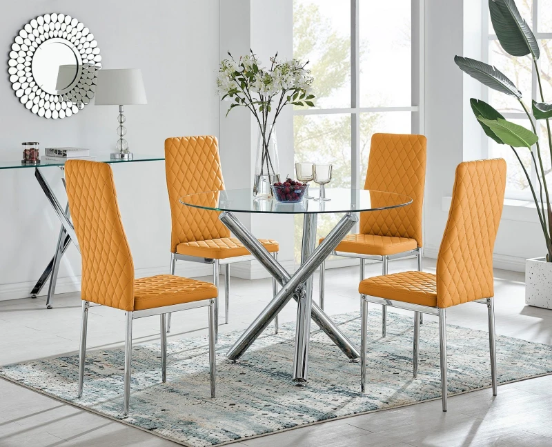 Image of FurnitureboxUK FurnitureboxUK Selina Chrome Round Glass Dining Table and 4 Milan Dining Chairs in Mustard Size: 4 Person Mustard 4 Person Unisex 505