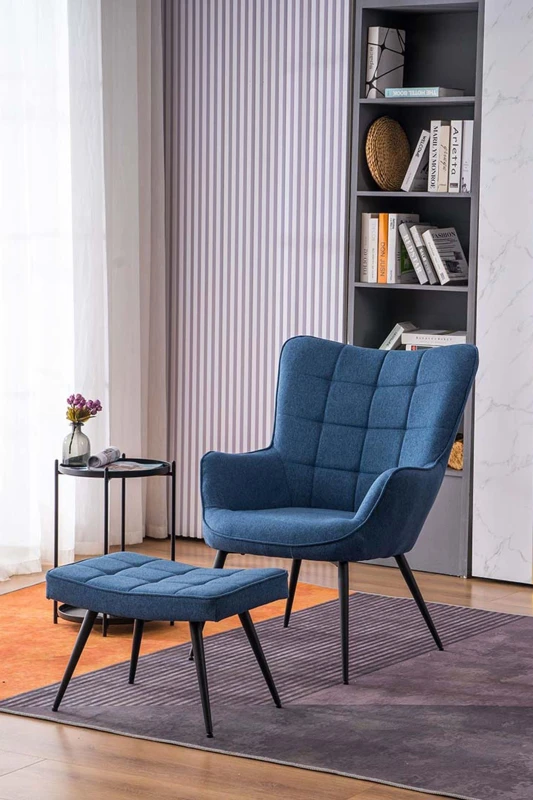 Image of More4Homes Vera Fabric Occasional Living Room Bedroom Modern Metal Legs Accent Chair Armchair (Blue W Footstool)