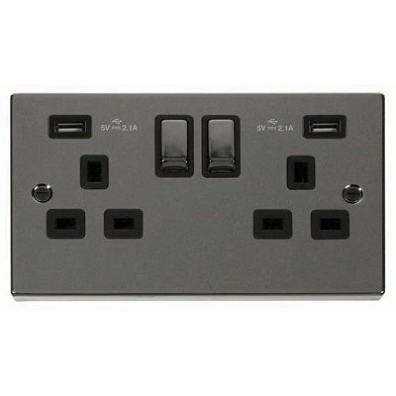 Image of SE Home Black Nickel 2 Gang 13A DP Ingot 2 USB Twin Double Switched Plug Socket Black
