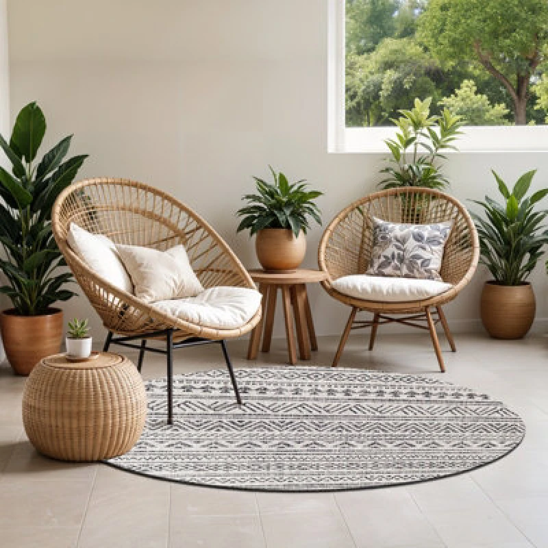 Image of Livabliss Round In- & Outdoor Geometric Black Titi Area Rug 160 X 160 Cm - Easy To Clean, Perfect For Balcony, Kitchen Or Dining Room