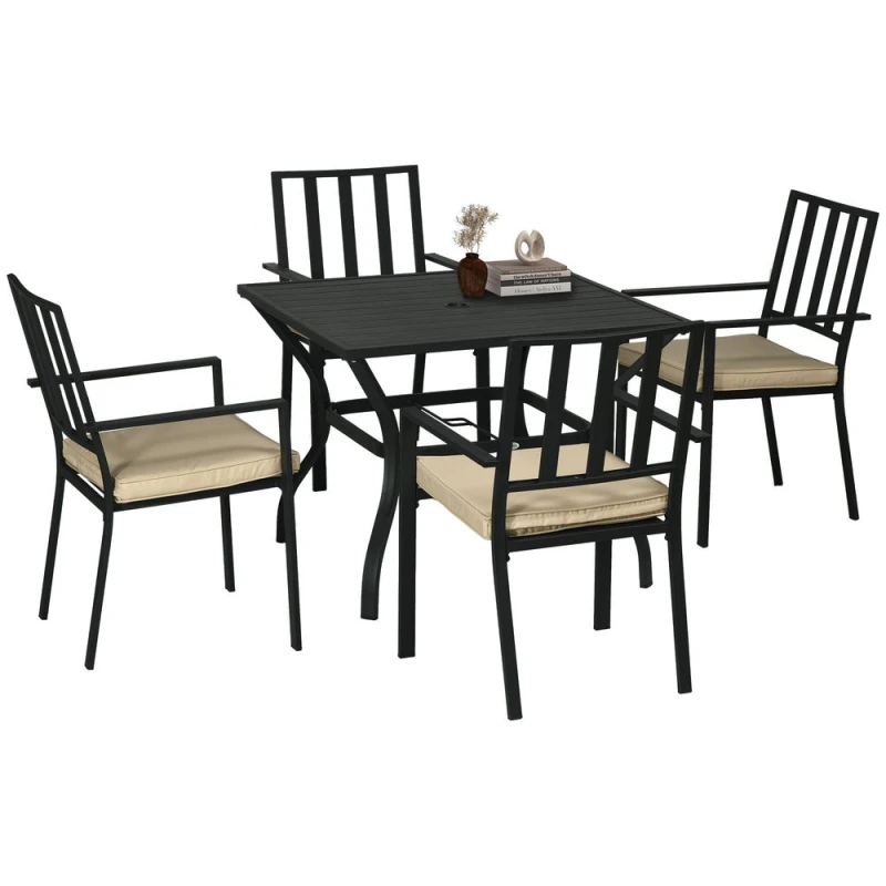 Image of Outsunny Garden Dining Set with 4 Stackable Cushioned Chairs and Metal Top Table, Black 84G-280V70BK