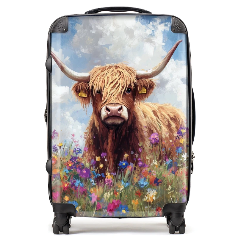 Image of Warren Reed - Designer Highland Cow In A Summer Meadow Suitcase Size: Medium Multicolor Unisex Medium