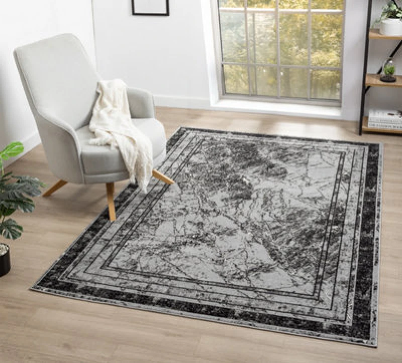Image of Obsidian Modern Low Pile Area Rug - Frame Abstract Design Grey 120Cm X 170Cm