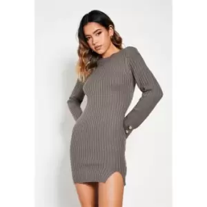 Image of I Saw It First Crew Neck Button Detail Jumper Dress - Grey