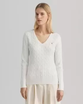 Image of GANT Women Stretch Cotton Cable V-Neck Sweater (S) Beige
