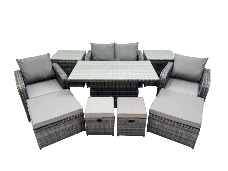 Image of Fimous 8-seater Rattan Garden Furniture Dining Set with 2 Small Footstool in Dark Grey Dark Grey Unisex