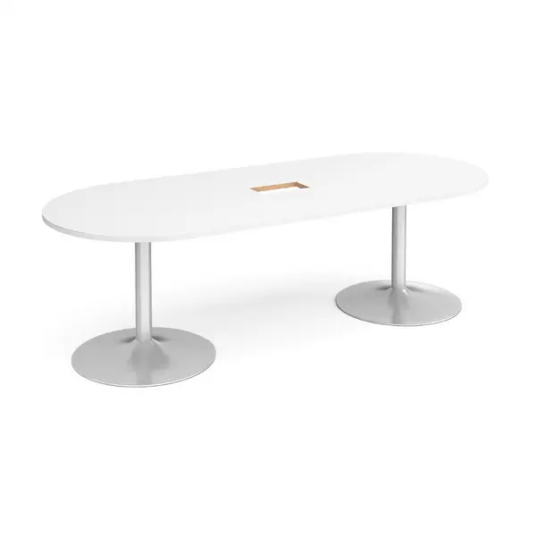 Image of Trumpet Base Radial Boardroom Table with Silver Base 2400mm - Central Cut Out - White