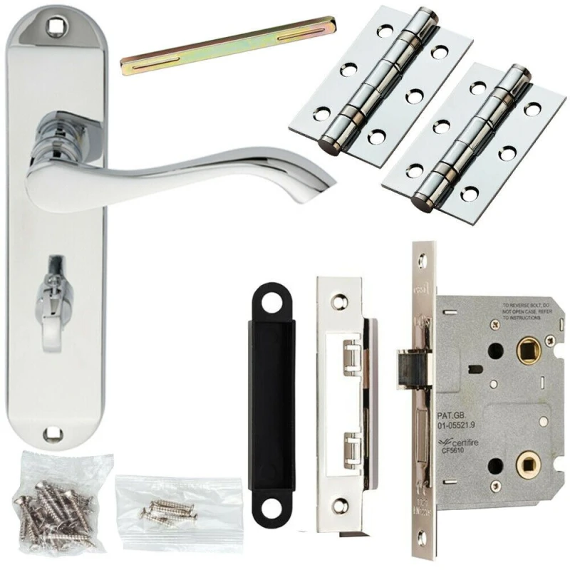 Image of Loops Door Handle & Bathroom Lock Pack Chrome Curved Lever Thumb Turn Backplate Multi