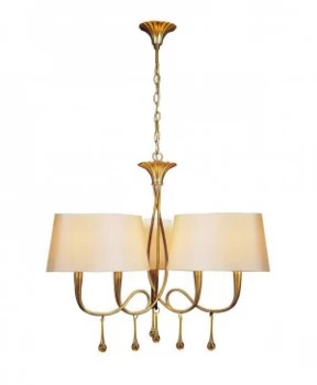 Image of Ceiling Pendant 3 Arm 6 Light E14, Gold Painted with Cream Shades & Amber Glass Droplets