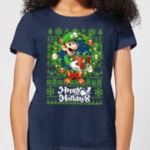 Image of Nintendo Super Mario Happy Holidays Luigi Womens Christmas T-Shirt - Navy - S