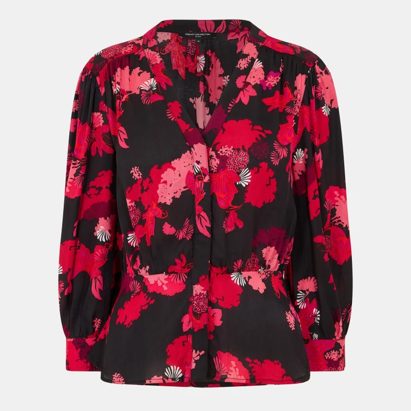 Image of French Connection Womens Chiara Balloon Sleeve Long Sleeve Patterned Shirt Blackout Multi female 8 (XS)