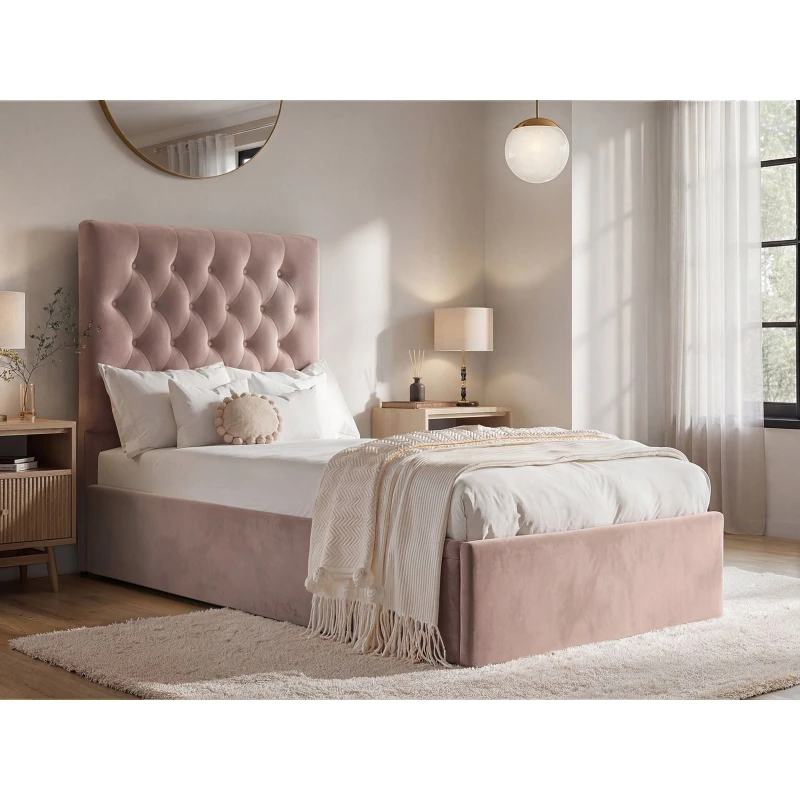 Image of Flair Milan Velvet Single Ottoman Bed in Pink Pink Unisex Single