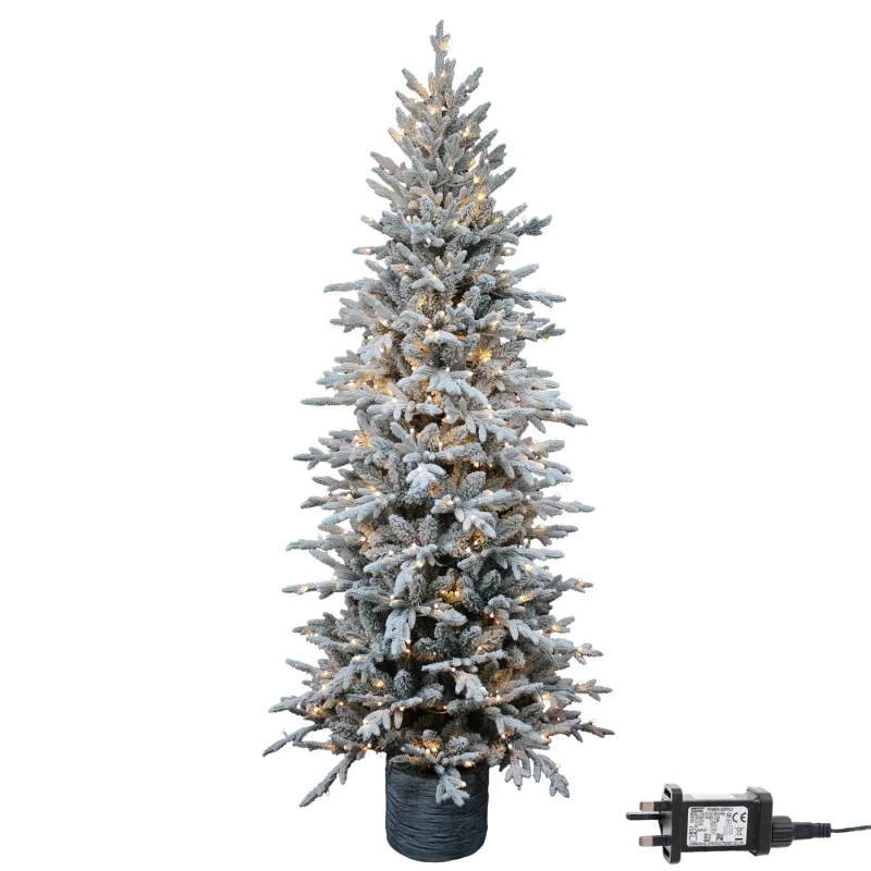 Image of Shatchi 4ft/1.2m Pre Lit Piedmont Pine Snow Flocked Christmas Tree with 90 Warm White LED in Grey Size: 6ft Grey Unisex 6ft