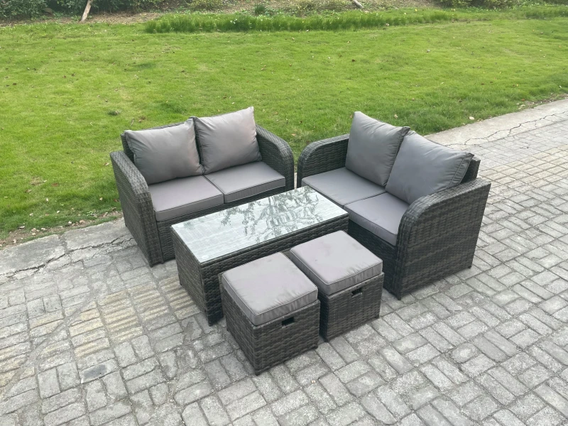 Image of Fimous Patio Garden Furniture Sets Wicker Outdoor Rattan Furniture Sofa Sets with Rectangular Coffee Table 2 Small Footstools Dark Grey