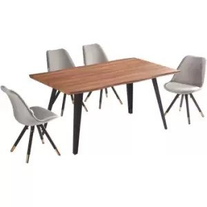 Image of 5 Pieces Life Interiors Sofia Rocco Dining Set - a Walnut Rectangular Dining Table and Set of 4 Dark Grey Dining Chairs - Dark Grey