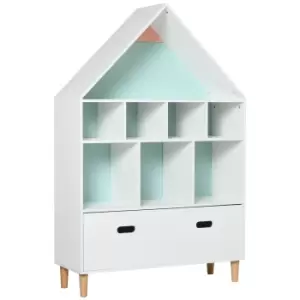 Image of HOMCOM Kids House Shaped Bookshelf Organizer With Drawer Cubes White And Blue Or Pink
