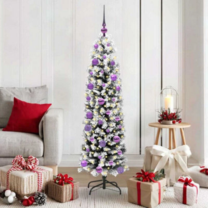 Image of vidaXL Artificial Christmas Tree with 150 LEDs, Lilac Balls with Stand Snow Flocked Green 150 x 43 cm, Green 3395011