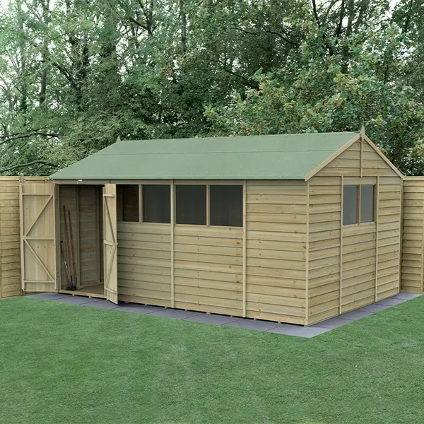 Image of 15' x 10' Forest 4Life 25yr Guarantee Overlap Pressure Treated Double Door Apex Wooden Shed - 6 Windows (4.48m x 3.21m)