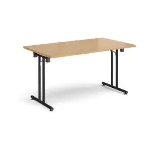 Image of Rectangular folding leg table with Black legs and straight foot rails 1400mm x 800mm - oak