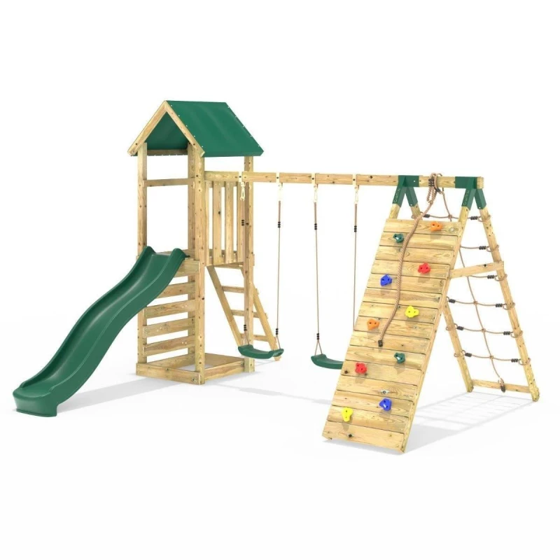 Image of Rebo Wooden Climbing Frame with Swing, Up-and-Over Climbing Wall and Slide - Greenhorn Green Green