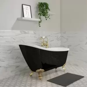 Image of Black Freestanding Single Ended Roll Top Slipper Bath with Brushed Brass Feet 1620 x 730mm - Lunar