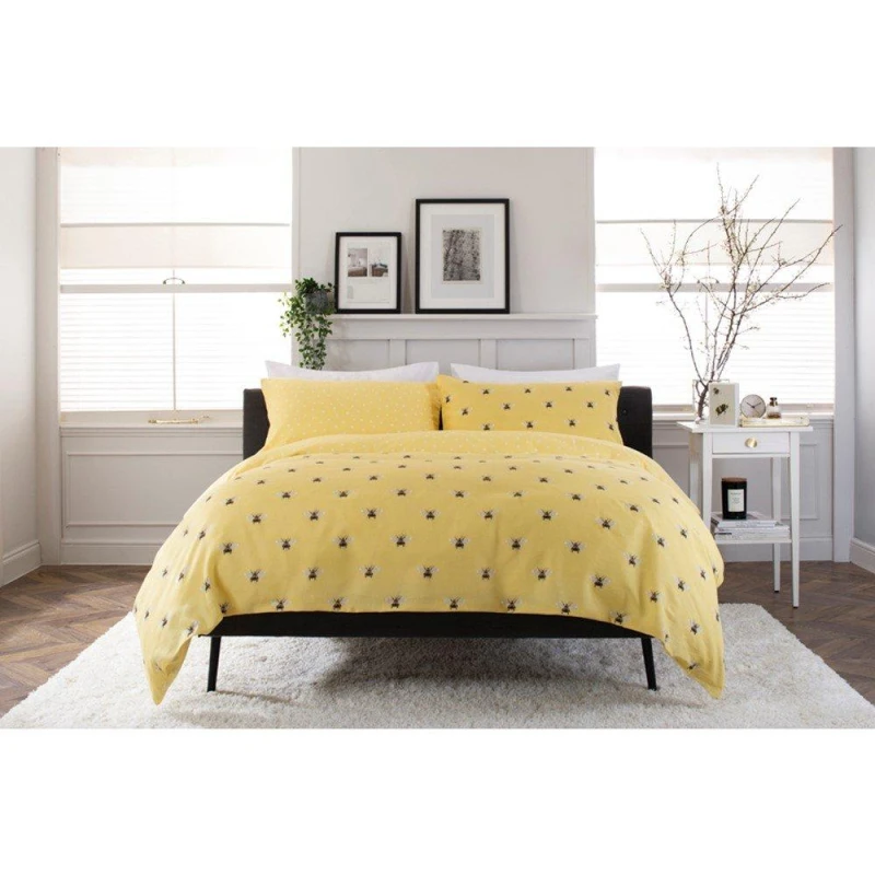 Image of Deyongs Honey Bee Yellow 200 Thread Count Cotton Rich Reversible Duvet Cover Set Yellow