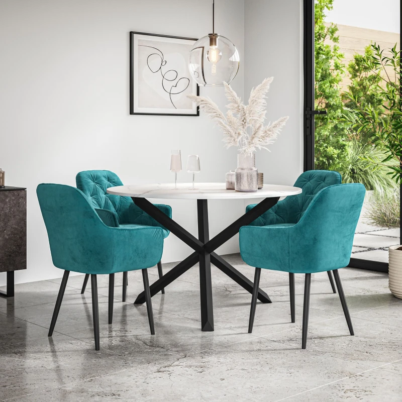 Image of More4Homes Malvern Round Dining Table And Chairs - Marble Table Top W Solid Black Oak Legs + Anika Velvet Dining Chair Set Of 4 (Blue)