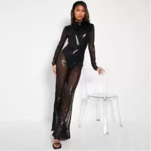 Image of I Saw It First Sequin High Neck Flared Leg Jumpsuit - Black