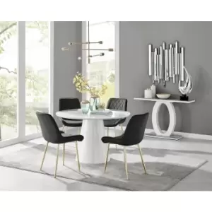 Image of Furniturebox Palma White High Gloss 4 Seat Minimalist Post Modern Round Dining Table & 4 Black Pesaro Gold Leg Velvet Chairs