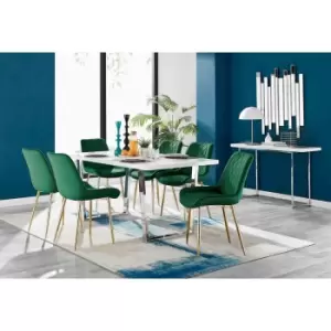 Image of Furniture Box Kylo White High Gloss Dining Table and 6 Green Pesaro Gold Leg Chairs