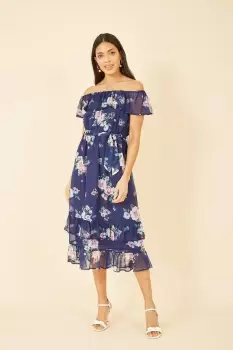 Image of Navy Floral Bardot Midi Dress With Frill Hem