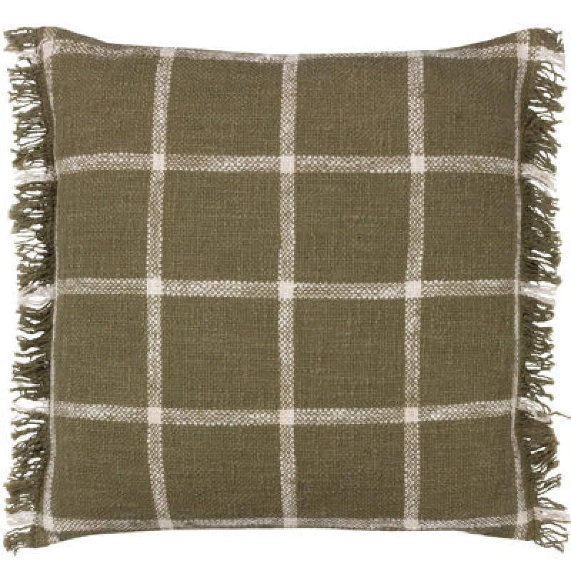 Image of Yard Beni Check Fringed Filled Cushion, Green 5.02553E+12