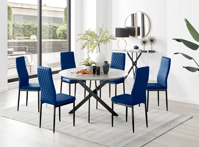 Image of FurnitureboxUK FurnitureboxUK Novara Grey Concrete Effect Black Leg 120cm Round Dining Table & 6 Velvet Milan Black Leg Chairs in Navy Navy One Size U