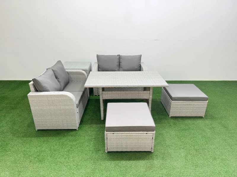 Image of Fimous 6 Seater Outdoor Love Sofa Set Rattan Garden Furniture Set with Rectangular Dining Table 2 Footstool Side Table Light Grey Light Grey