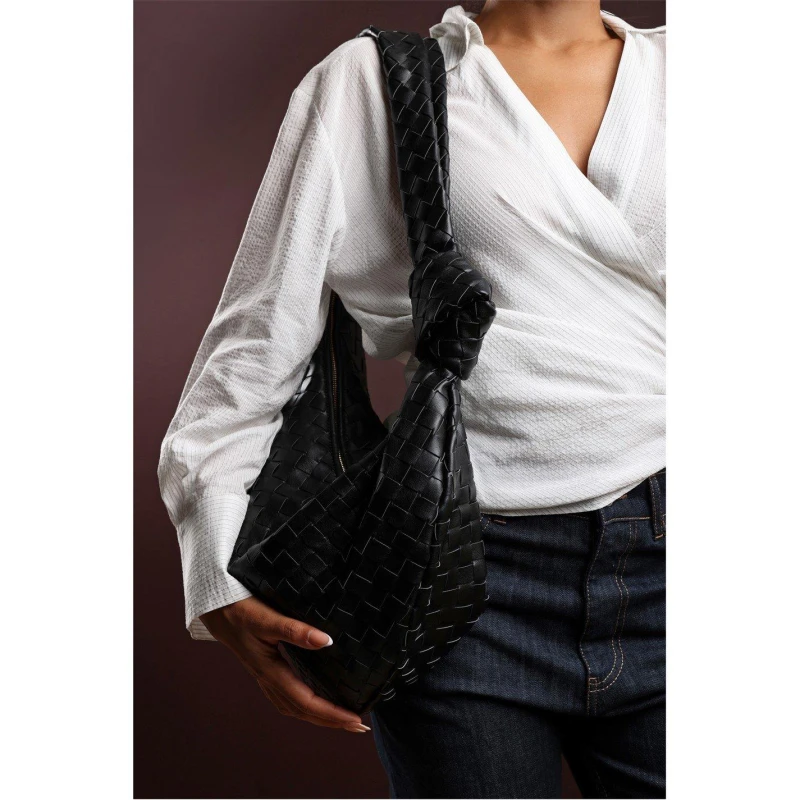 Image of Wheres That From Knotted Strap Woven Shoulder Bag Black female One Size