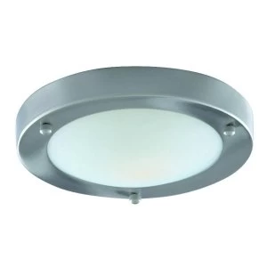 Image of 1 Light Bathroom Flush Ceiling Light Satin Silver Round with Domed Glass Diffuser IP44, E27