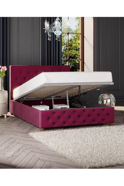 Image of Laurence Llewelyn-Bowen Luna Ottoman Storage Bed in Plush Velvet Fabric, Custom Made Wine