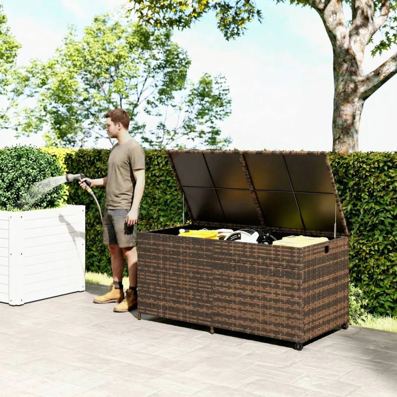 Image of OUTSUNNY 650L Garden Storage Box with Wheels, Waterproof Liner in Brown Size: 150cm x 80cm Brown Unisex 150cm x 80 cm