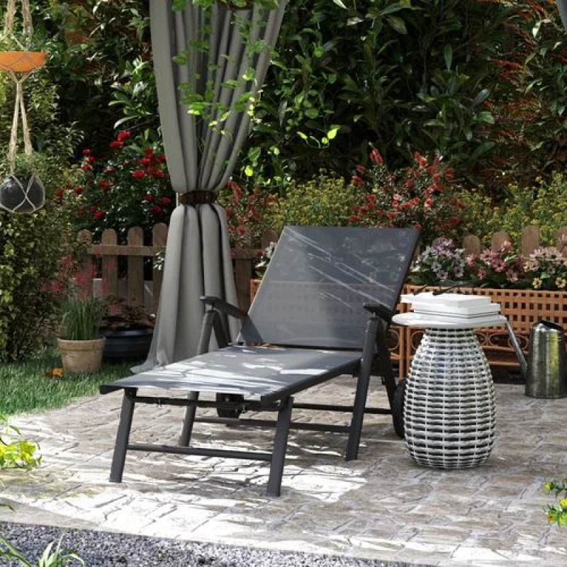 Image of Outsunny Folding Sun Lounger w/ Wheels - 5-Position Adjustable Sunbed - Grey TJ Hughes 5063603543621