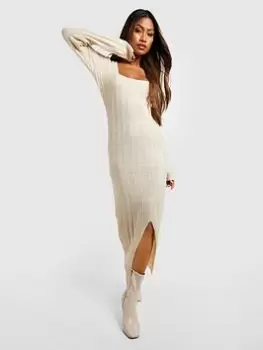 Image of Boohoo Square Neck Rib Knit Midaxi Dress - Ecru, Cream, Size L, Women
