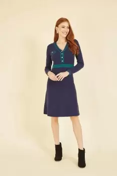 Image of Navy Knitted Dress With Contrast Waistband and Button Detail