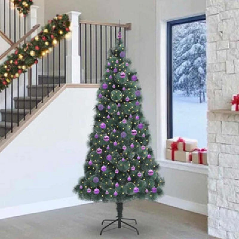 Image of vidaXL Artificial Pre-lit Christmas Tree with Lilac Ball Set Green 240 cm, Green 3396196