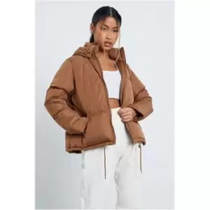 Image of I Saw It First Brown Puffer With Drawcord And Short Hood - Brown