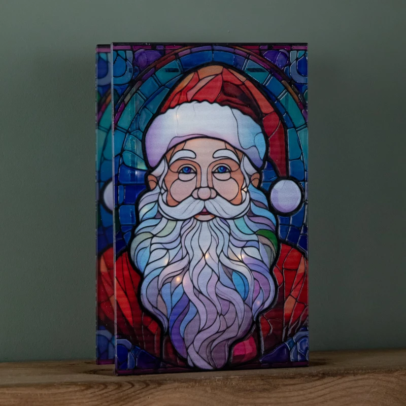Image of 21cm Battery Operated Light up Double Sided Stained Glass Santa Decoration with LEDs