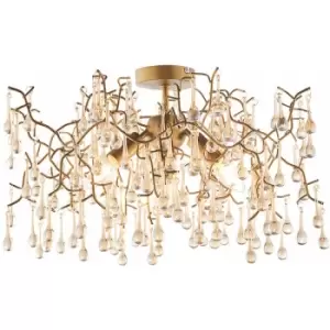 Image of Loops - Aged Gold Semi Flush Ceiling Light with Glass Droplets 3 Bulb Low Hanging Light