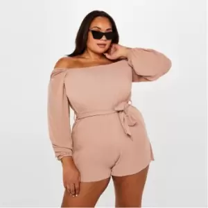 Image of Missguided Bardot Belted Waist Playsuit - Beige