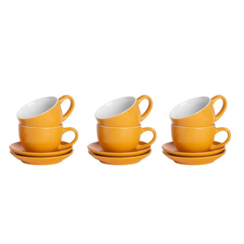 Image of Argon Tableware 12 Piece Coloured Cappuccino Cup & Saucer Set - 250ml - Yellow - Durable Stoneware Coffee Tea Cup Dishwasher