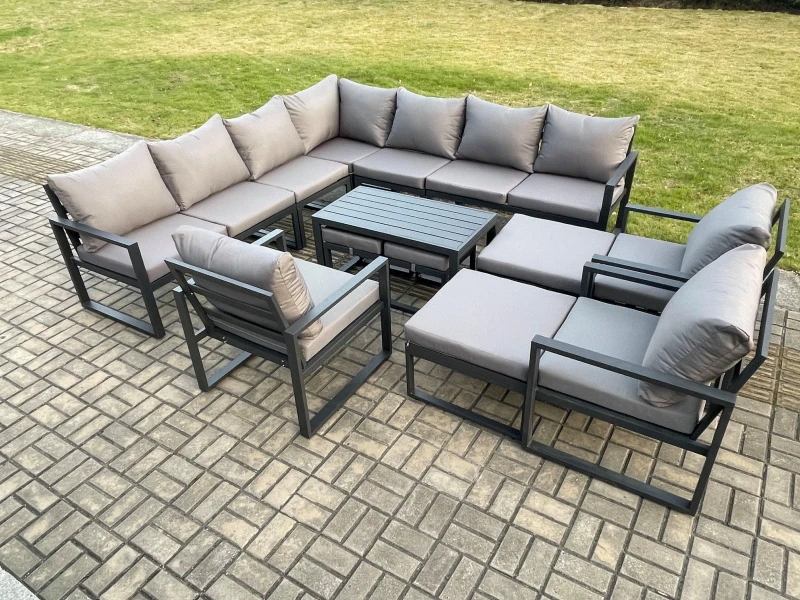 Image of Fimous 14 Seater Aluminium Outdoor Garden Furniture Set Patio Lounge Sofa with Oblong Coffee Table 3 Pcs Chair 2 Small Footstools in Dark Grey Dark Gr