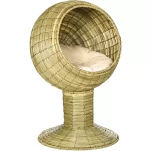 Image of Pawhut - Raised Cat House, Natural Mat Grass Cat Bed w/ Stand Cushion, Φ41x 69cm - Yellow